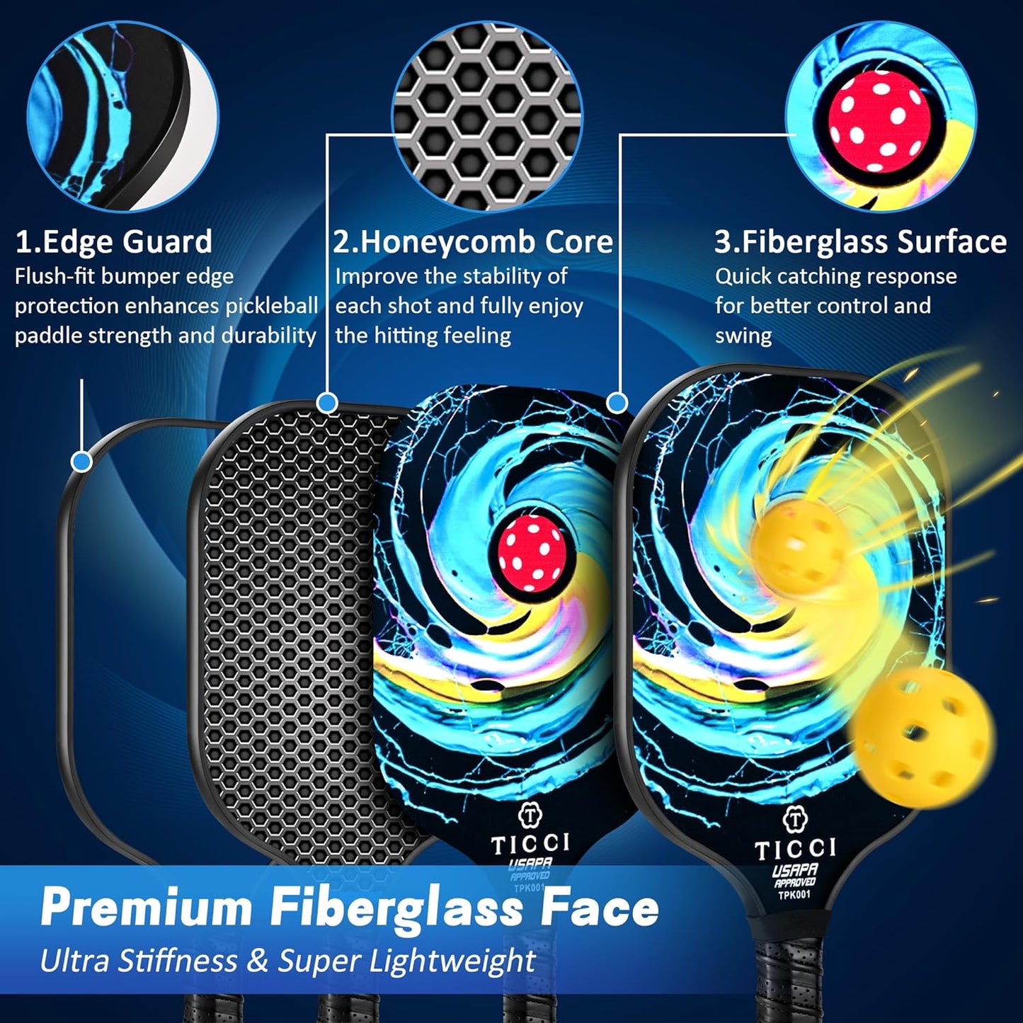 Pickleball Paddles Set of 2, USAPA Approved Fiberglass Pickle Ball Paddles with 4 Pickleballs, Lightweight Rackets for Adults & Kids, Includes Carry Bag & Net Bag for Men, Women, Beginners,